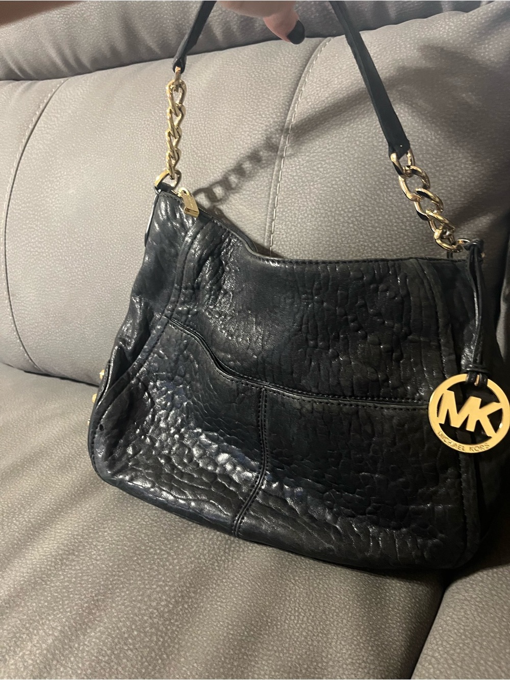 Michael Kors Black Textured Leather Hobo with Gold MK Charm